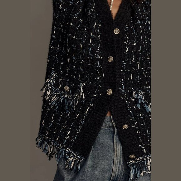 NEW Size S, M, L Anthropologie Button Tweed Fringe Cardigan Sweater, Black Motif - Picture 3 of 4